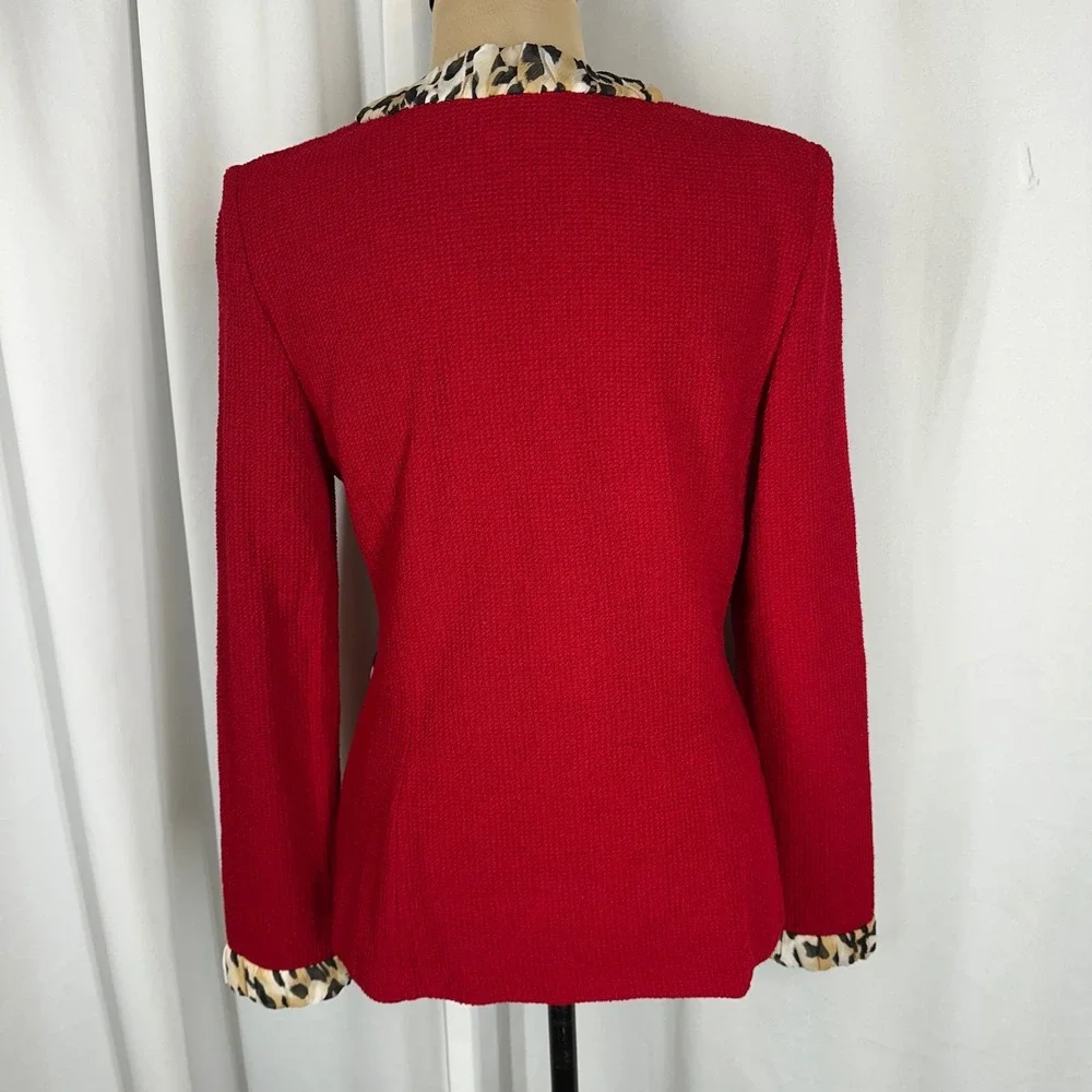 St. John Red Santana Knit Jacket Leopard Trim Rosette Sz 4 (S)